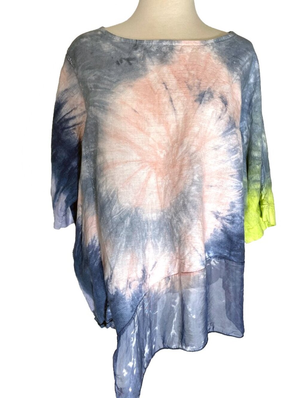 Belle France Boho Tie-Dye Linen Silk Short Sleeve Top S